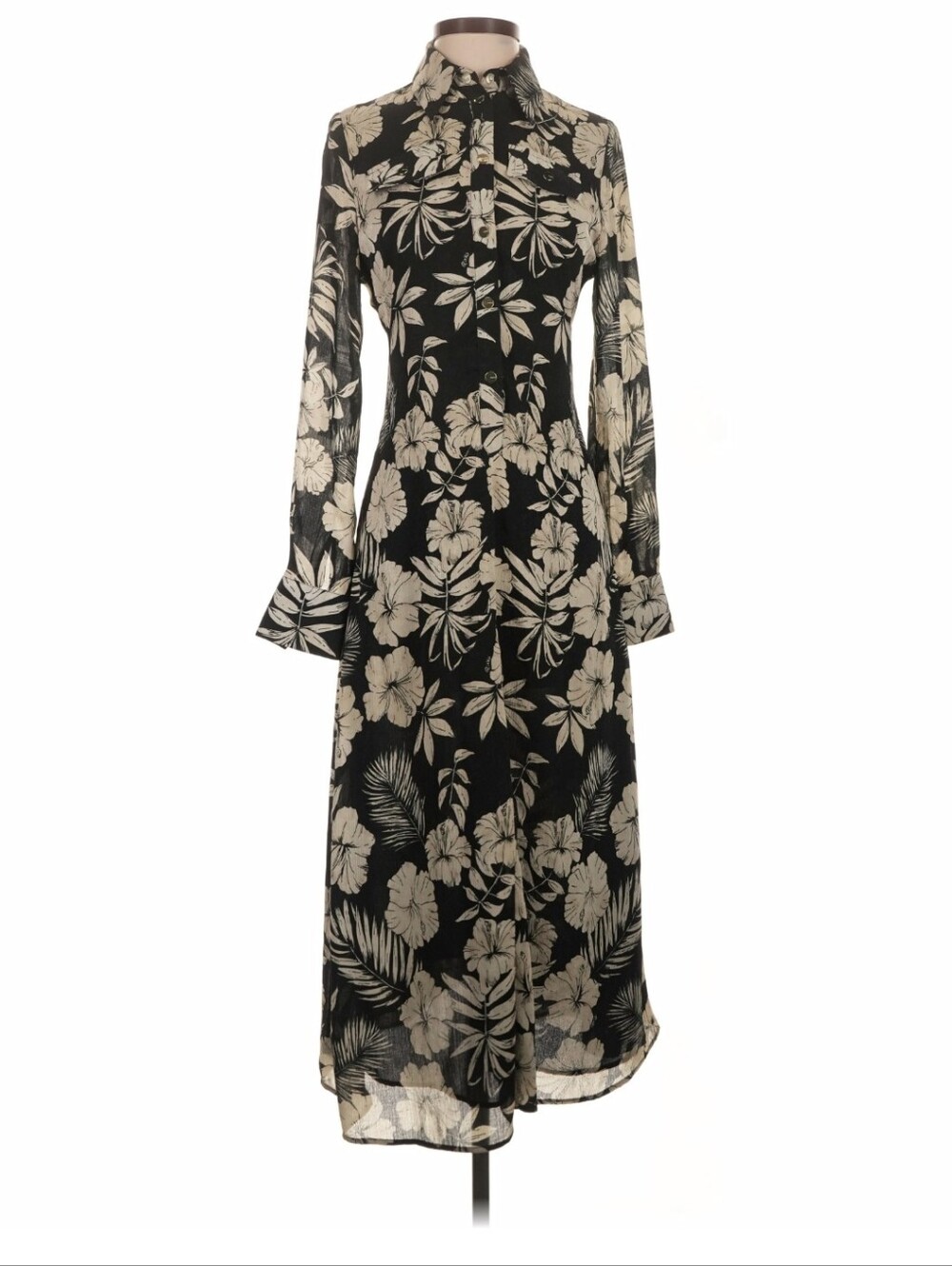 Pinko Floral Chiffon High-Neck Midi Shirtdress Black Beige Long Sleeve Size XS